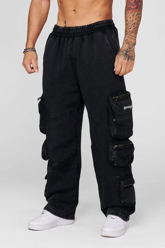 2027 - Stacked Cargo Sweats Black Wash YoungLa