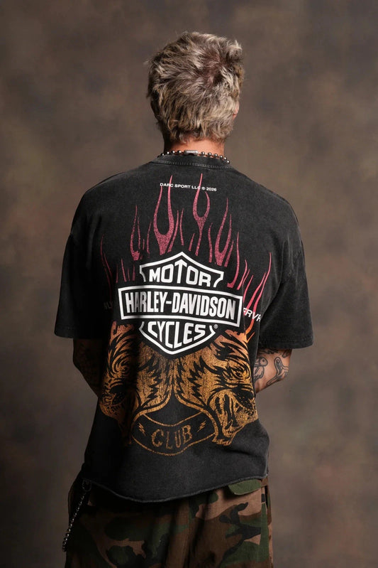 Camiseta Darc Sport Harley-Davidson Rising Sun Grunge longitud media dobladillo crudo negro lavada Darcsport